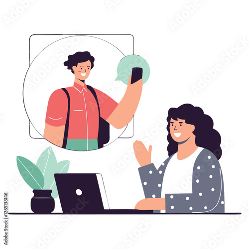 A modern illustration featuring a diverse group of individuals, engaged in a creative workspace with plants and digital devices.