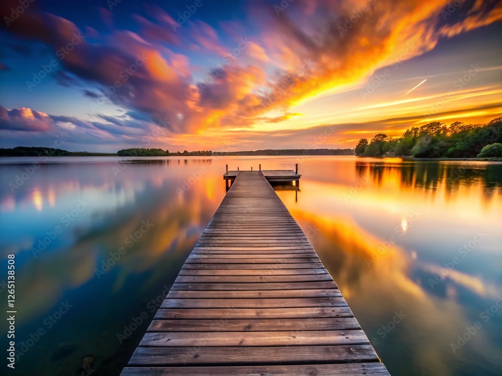 Serene Sunset: Long Exposure of Wooden Pier on Calm Lake Serene Sunset: Long Exposure of Wooden Pier on Calm Lake