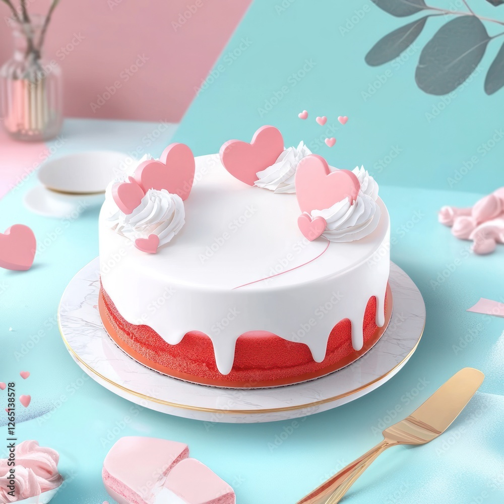 Delicious Red Velvet Cake Decorated with Pink Hearts for Valentine s Day