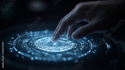 Futuristic holographic cybersecurity shield interface and hand interaction photo