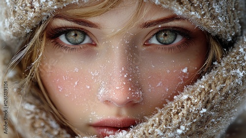 Woman's face covered in snow, close-up, winter scene, artistic photo photo