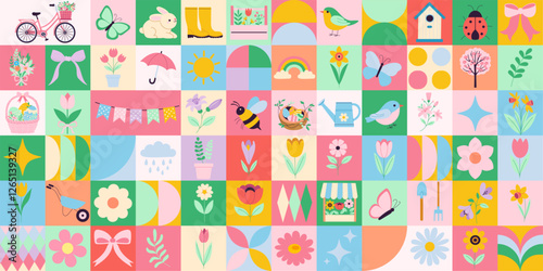 Wallpaper Mural A colorful collage of various flowers and garden items, including a bicycle, a bird, and a butterfly. Scene is cheerful and vibrant, with a sense of joy and happiness associated with the garden theme Torontodigital.ca