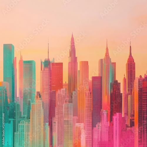 A colorful, surreal cityscape features towering skyscrapers in pastel shades of pink, orange, and teal. The skyline is set against a warm, gradient sunset sky.
