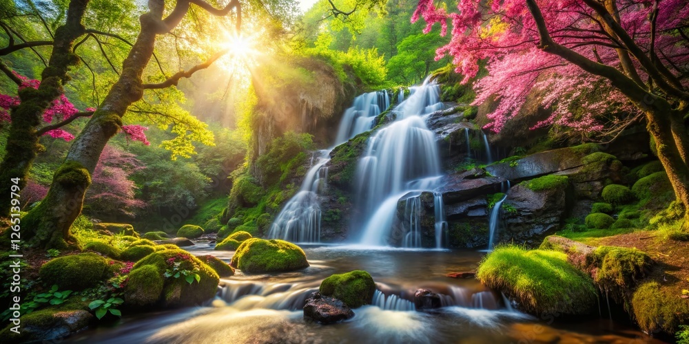 Obraz premium Serene Waterfall & Blooming Tree in Lush Forest - Nature Stock Photo