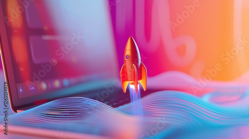 A playful rocket hovers over a laptop, symbolizing the fusion of technology and creativity, igniting a sense of wonder and innovation in a colorful digital landscape.