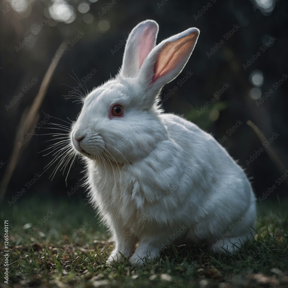 A white rabbit flicking its ears mid-motion, frozen in time. A white rabbit flicking its ears mid-motion, frozen in time.
