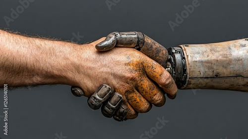 Old Robot Hand Shaking Painted Modern Human Hand Symbolizing Unity and Technology