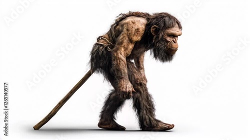 Old Neanderthal Man with Stick Tied to Waist Walking on White Background