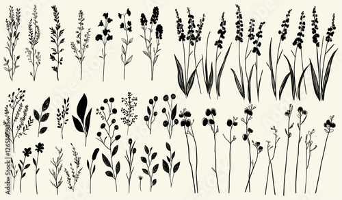 Stylized black line art of wild yellow rattle for chic wedding stationery, rustic wedding invitations, botanical logos, hand drawn wildflowers, feminine floral branch, eco-conscious branding,