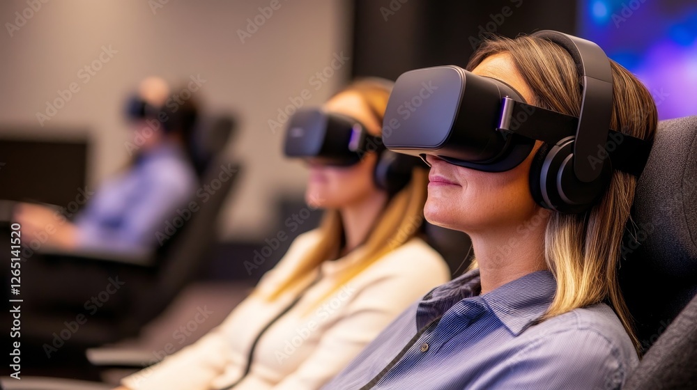 Women experiencing virtual reality in a modern tech environment, showcasing immersive technology Women experiencing virtual reality in a modern tech environment, showcasing immersive technology