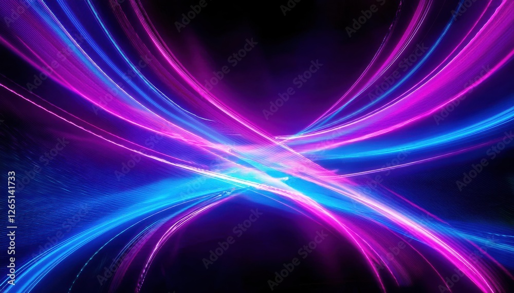 Fototapeta premium dynamic neon light trails in pink and blue on dark background for futuristic design, technology concept, digital backdrop