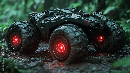 Futuristic Armored Vehicle Navigating Lush Jungle Terrain photo