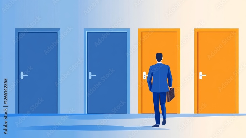 Fototapeta premium Businessman facing four colorful door, symbolizing choices and opportunities in a modern setting