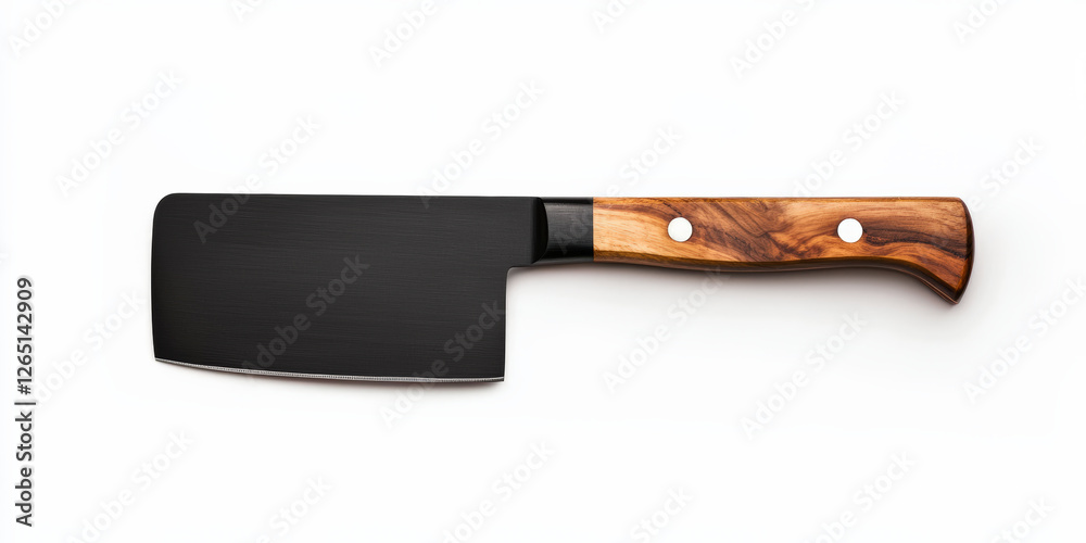 A sleek, black kitchen cleaver with a wooden handle, designed for efficient chopping and slicing in culinary tasks. A sleek, black kitchen cleaver with a wooden handle, designed for efficient chopping and slicing in culinary tasks.