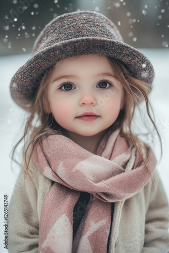 Little fashionista in stylish hat and scarf enjoys winter day photo