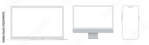 Laptop Computer Clay Mockup Isolated on White Background. Set of modern clay devices mockups: PC, laptops, tablet computer.