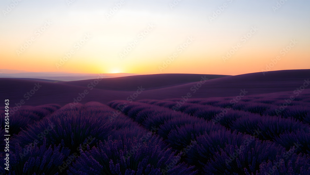 Fototapeta premium Lavender Sunset Serenity: Rolling hills of vibrant purple lavender fields bathed in the warm glow of a breathtaking sunset. A tranquil and picturesque scene evoking peace and serenity. 