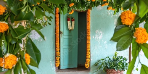 Traditional marigold decorated entrance in indian village home. Holika Dahana photo