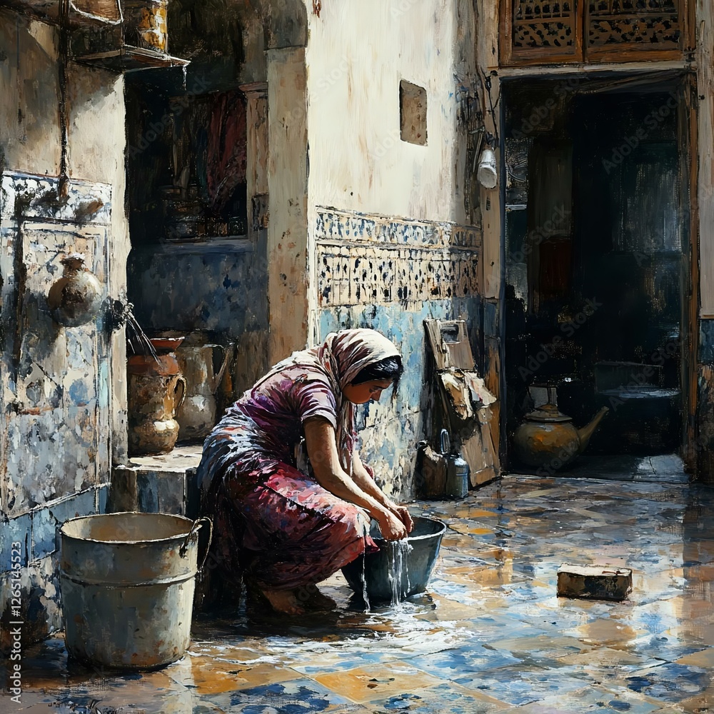 A woman washing clothes in a traditional courtyard. The scene captures cultural elements with rustic pottery and colorful tiled flooring. A woman washing clothes in a traditional courtyard. The scene captures cultural elements with rustic pottery and colorful tiled flooring.
