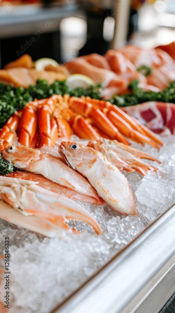 Fresh seafood display on ice for culinary delights and restaurant menus. National Crab Stuffed Flounder Day