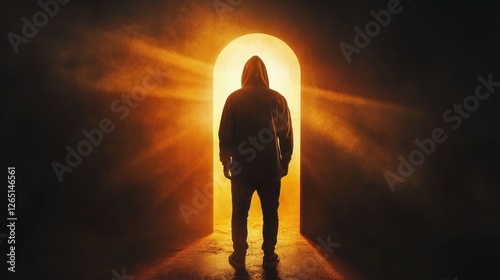 Backlit person in hoodie standing in bright keyhole opening on dark background with mock up place and light rays. Dream, future and opportunity concept