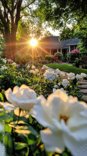 Serene garden at sunrise with blooming white roses in summer. National Peace Rose Day