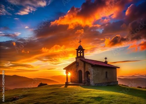 Silhouette of Hermitage of Regalina & Asturian Horreos at Sunset, Cadavedo, Asturias, Spain photo