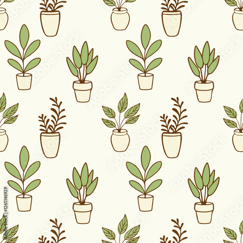 Seamless pattern with indoor plants in flowerpots, cozy home, green recreation area, relaxation, remote work, comfortable conditions. Vector illustration