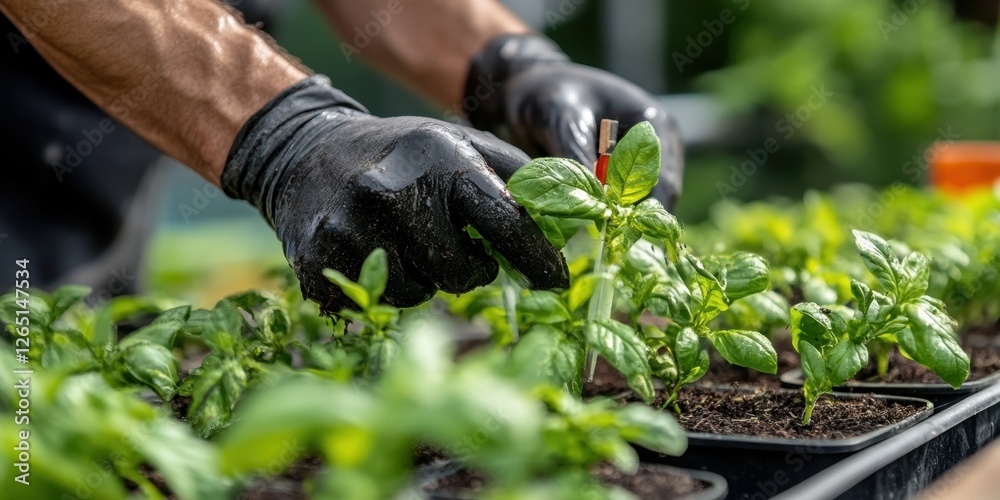 Hands in black gloves tending basil seedlings in garden for urban farming and sustainable living. National Pest Management Month Hands in black gloves tending basil seedlings in garden for urban farming and sustainable living. National Pest Management Month