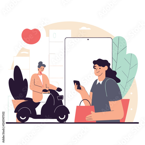 A European woman is sitting on a scooter, holding a phone, and smiling, while a male rider on a scooter is visible in the background.
