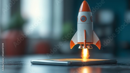 A miniature rocket taking off from a smartphone, highlighting the intersection of technology and imagination in a visually engaging and playful manner.