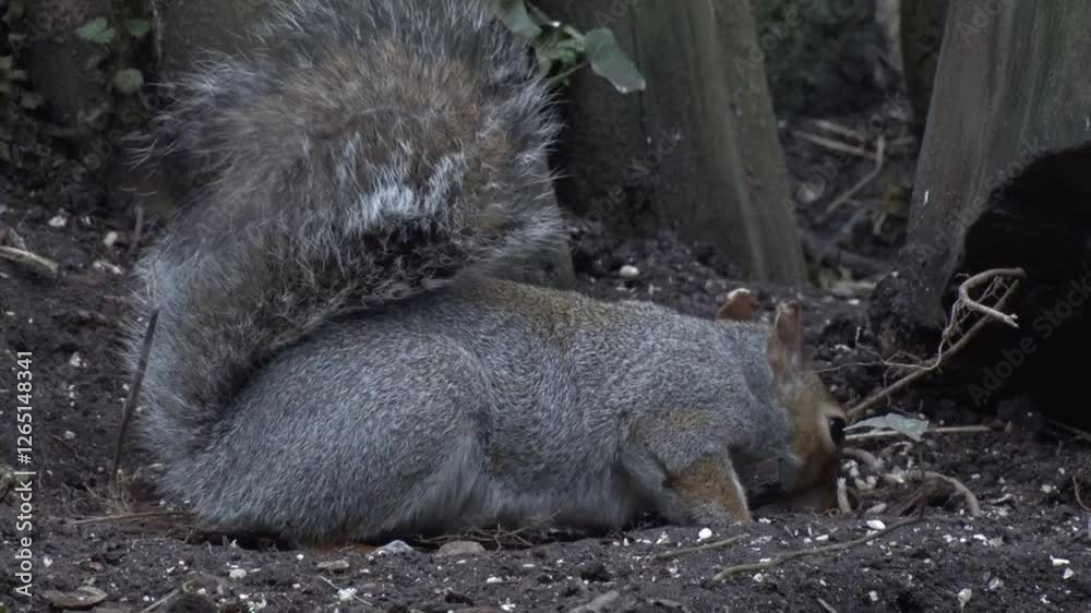 A Grey Squirrel, Sciurus carolinensis, eating seed from beneath a hanging bird feeder. Winter. UK A Grey Squirrel, Sciurus carolinensis, eating seed from beneath a hanging bird feeder. Winter. UK