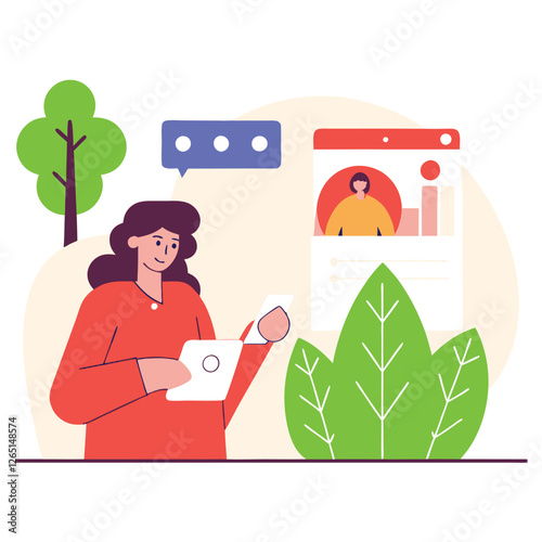 A woman with light skin is engaged in browsing online content on her smartphone amidst vibrant plants and chat bubbles.