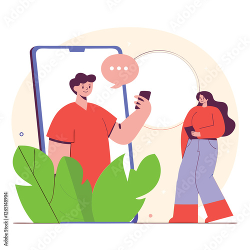 A digital illustration of two young European individuals interacting with a smartphone, surrounded by colorful plants, representing modern communication.