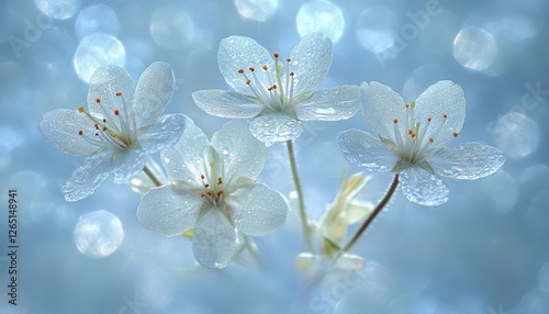 Delicate White Cherry Blossoms on Branch, Soft Blue Bokeh Background, Spring Floral Beauty