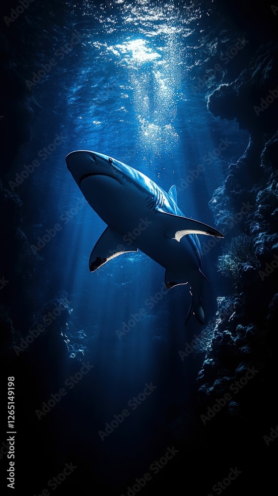 Fototapeta premium Majestic shark swims deep ocean sunlight
