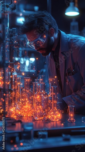 Scientist observes glowing beakers, magical experiment.
