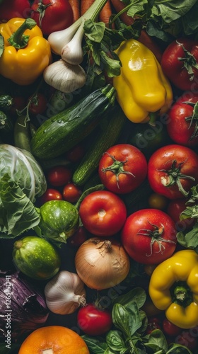 Brightly coloured vegetables and herbs laid out on a dark background, creating an atmosphere of freshness and naturalness, useful for advertising farm products and cookery masterclasses photo