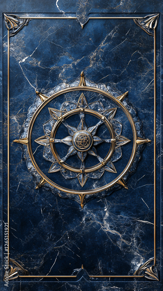 Naklejka premium Nautical marble design deep blue gold compass intricate polished stone symmetrical architectural luxurious refined surface modern decor ornate metallic geometric map rose sail sign wallpaper explore