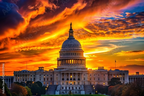 Silhouetted US Capitol Building at Sunset, Washington DC Landmark