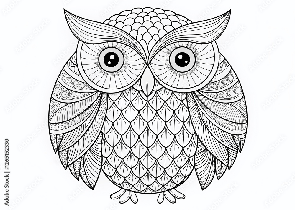 Fototapeta premium Simple Black and White Owl Illustration Coloring Page - Nature Wildlife Bird Animal