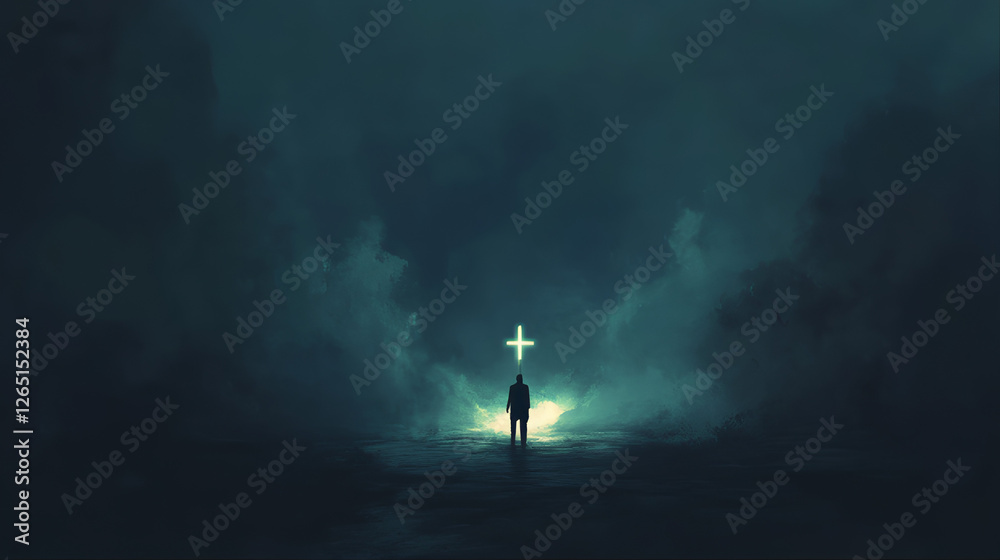 Silhouette of man in the dark with lit cross, faith in action. You are the light of the world. Jesus is the way and light. Silhouette of man in the dark with lit cross, faith in action. You are the light of the world. Jesus is the way and light.