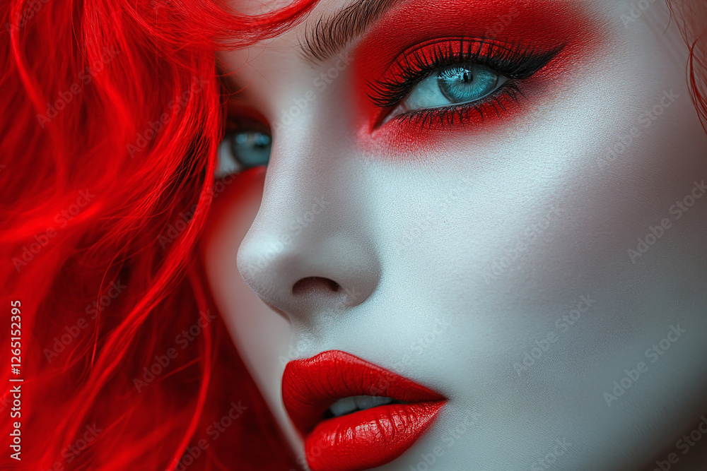 Fototapeta premium Woman with makeup in red cherry color, makeup ideas, red makeup, flawless skin, beauty industry, fashion makeup, makeup inspiration, makeup close-up
