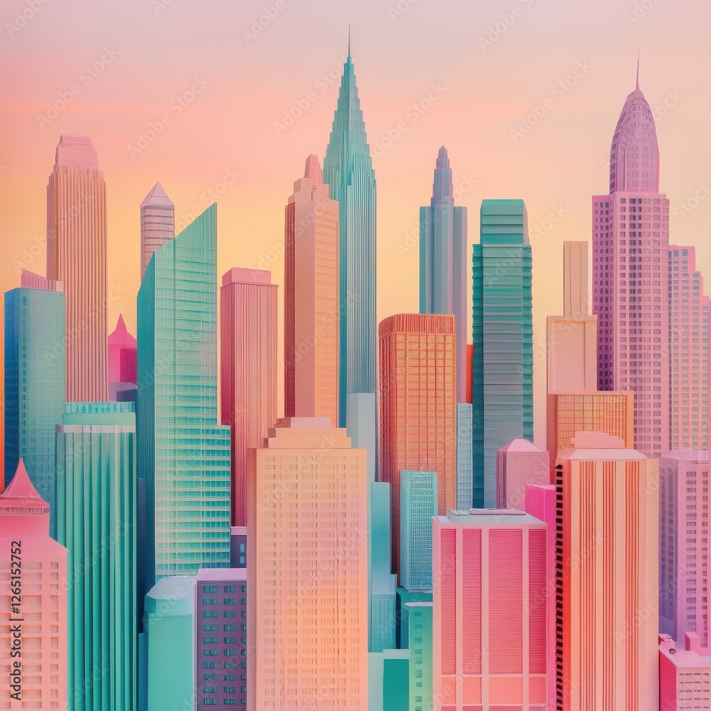Naklejka premium A colorful, surreal cityscape features towering skyscrapers in pastel shades of pink, orange, and teal. The skyline is set against a warm, gradient sunset sky.
