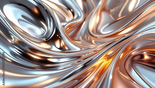 Hypnotic 3D liquid metal swirl in chrome, silver, and gold with dynamic reflections, smooth fluid movements, and a futuristic high-tech abstract aesthetic.
