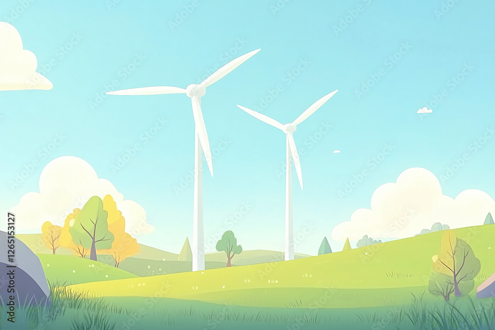 Fototapeta premium Wind turbines in sunny day illustration, renewable energy, green energy, wind power, solar energy, alternative energy, eco-friendly, earth-friendly