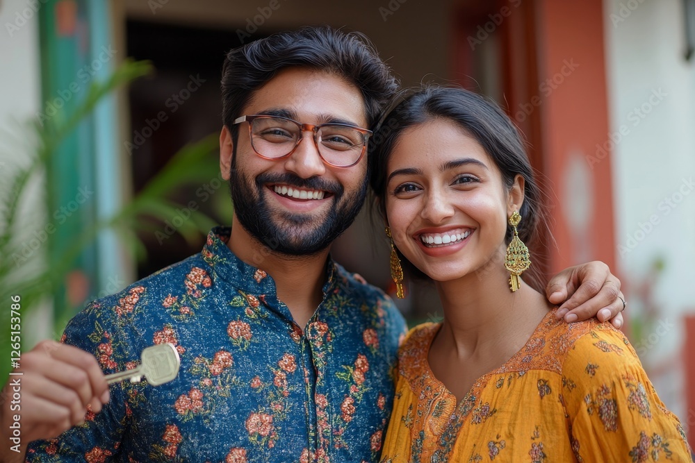 Naklejka premium Excited young indian husband and wife showing keys from their new apartment, enjoy buying own home, standing in room interior, copy space. Mortgage real estate