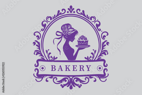 A luxurious bakery logo with a silhouette of a woman wearing a ribbon in her hair, delicately holding a piece of cake.
