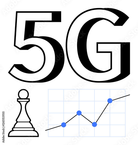 5G text, chess pawn symbolizing strategy, line graph with data points indicating growth and analytics. Ideal for technology, innovation, strategy, connectivity, advancement, business planning