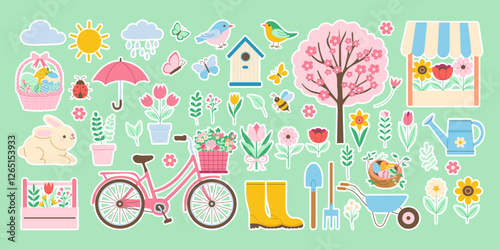 A collection of stickers with spring various items such as a bicycle, a birdhouse, and a bird